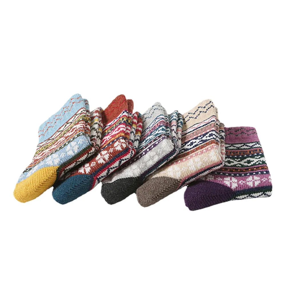 5 Pairs Women Wool Cotton Thickened Geometric Striped Dot Pattern Breathable Warmth Socks Tube Sock