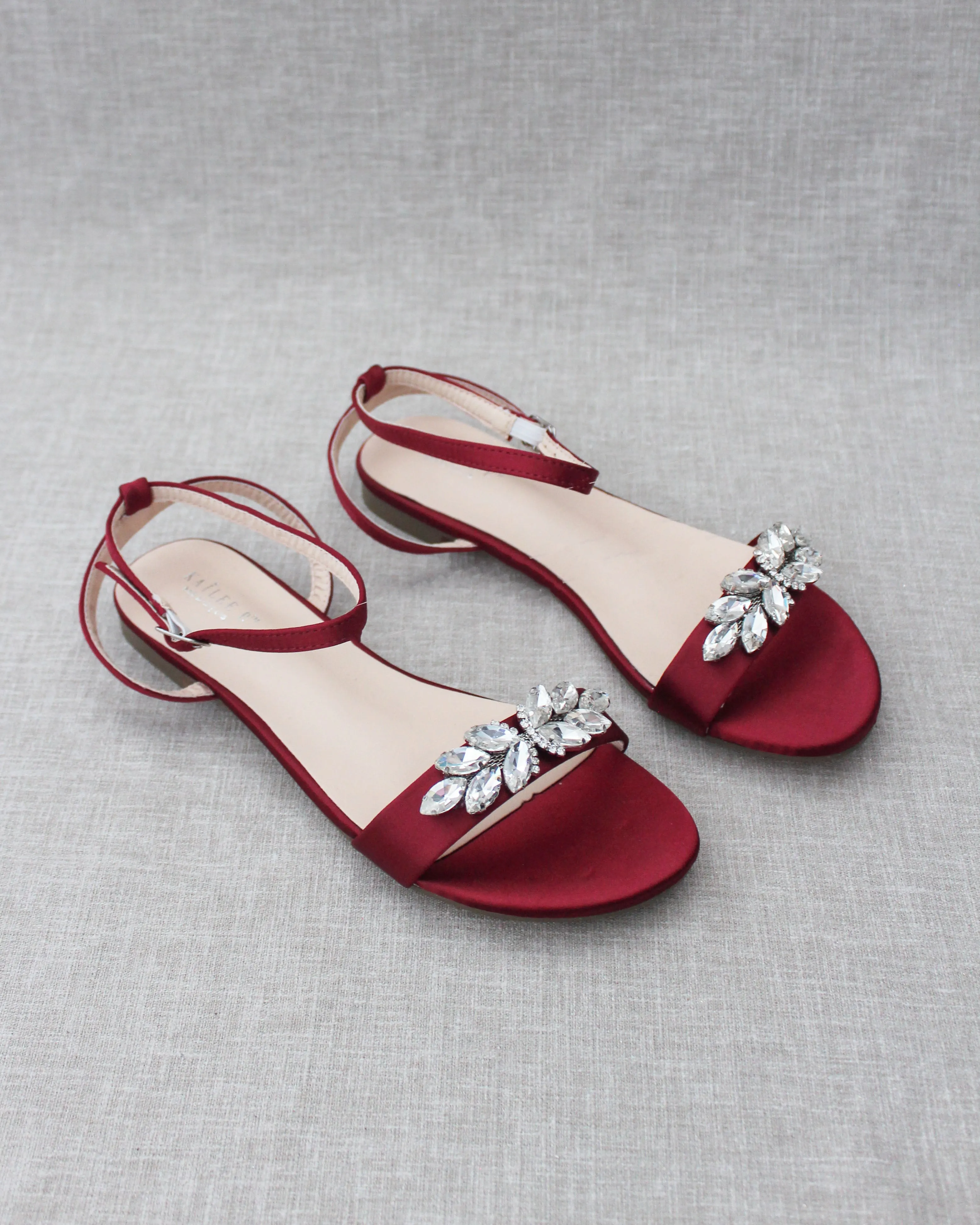 Burgundy Satin Flat Sandal with Butterfly Brooch and Ankle Strap