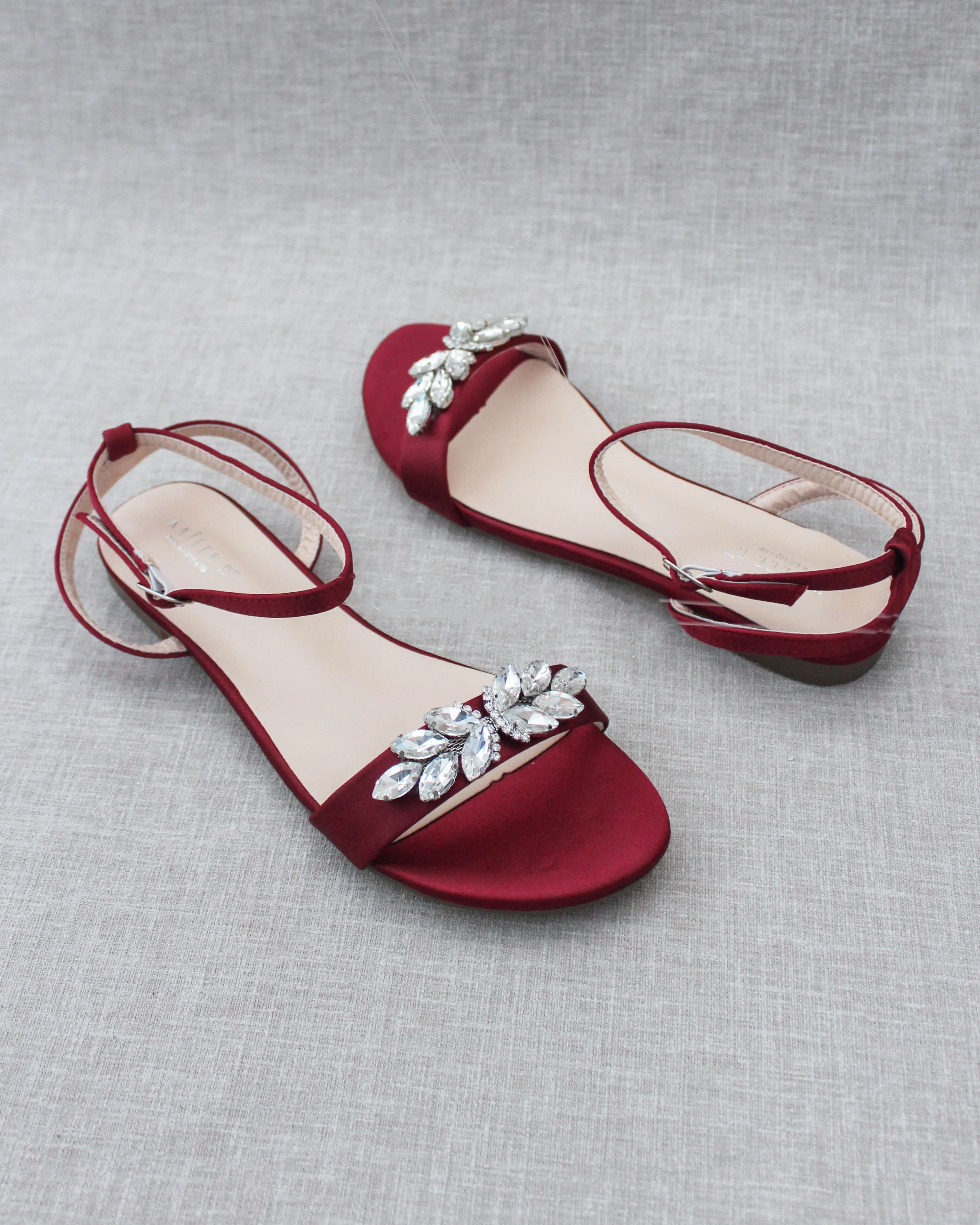 Burgundy Satin Flat Sandal with Butterfly Brooch and Ankle Strap