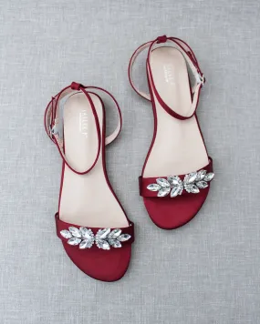 Burgundy Satin Flat Sandal with Butterfly Brooch and Ankle Strap