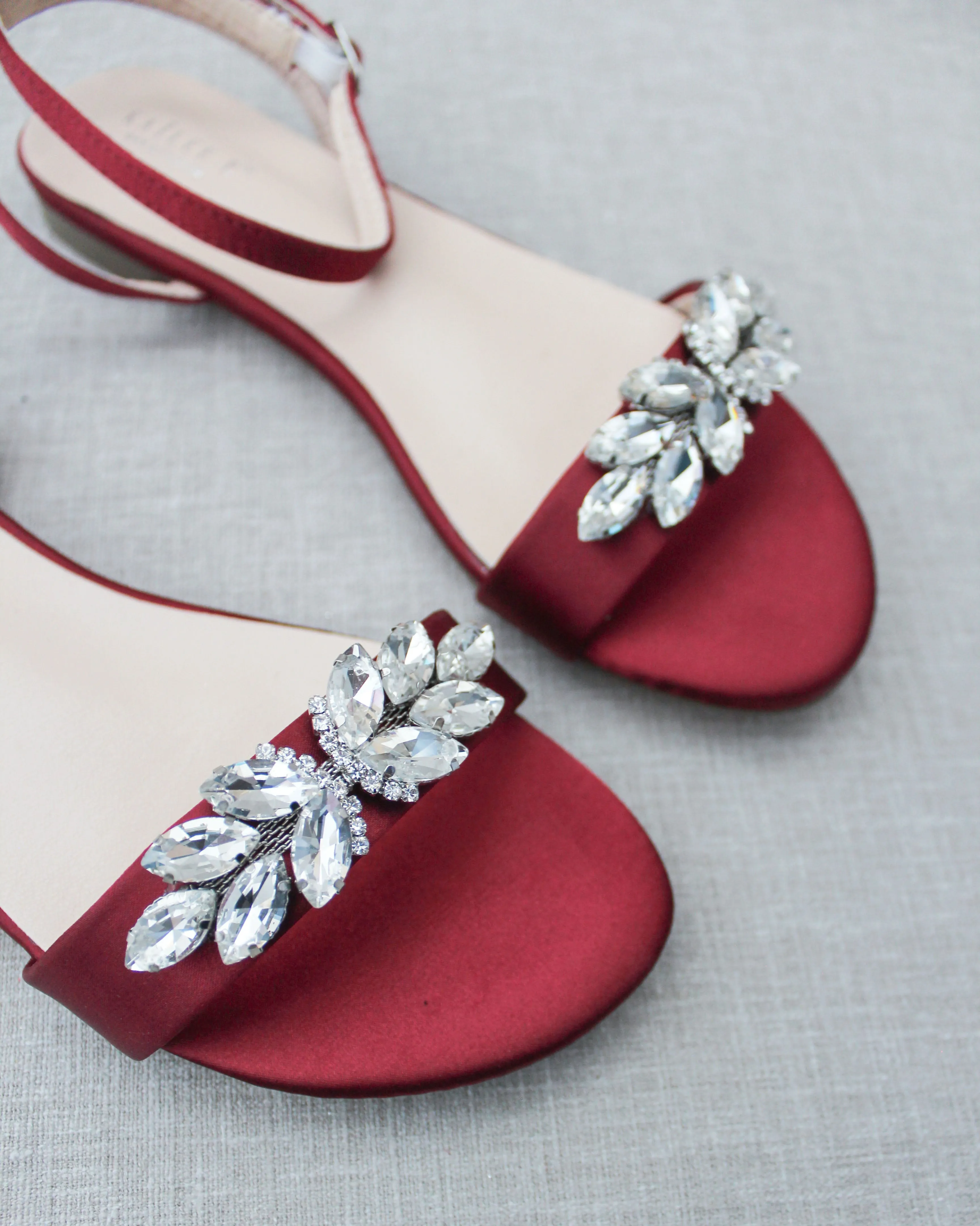 Burgundy Satin Flat Sandal with Butterfly Brooch and Ankle Strap