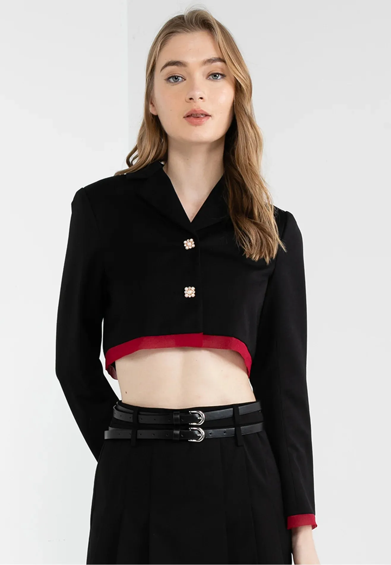 ELLE Apparel Pearl Button Cropped Blazer