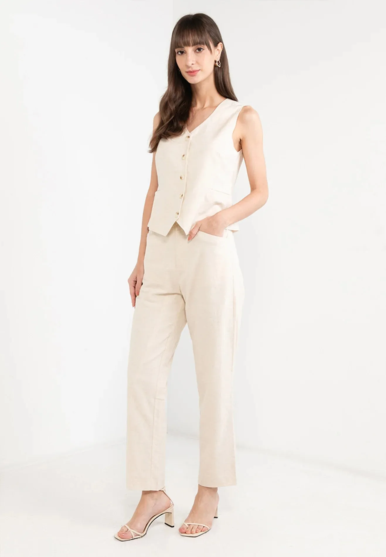 ELLE Apparel V-Neck Sleeveless Linen Suit Waistcoat