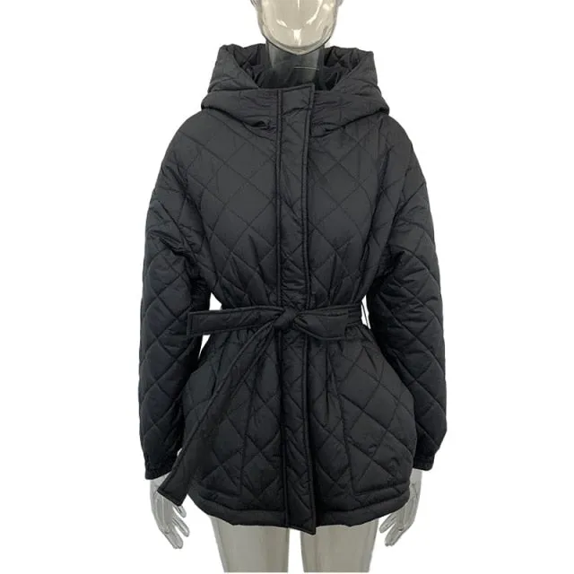 Loose Arygle Quilting Hooded Parkas Women Fashion Solid Thick Short Coats