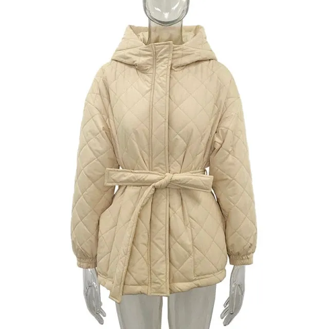 Loose Arygle Quilting Hooded Parkas Women Fashion Solid Thick Short Coats