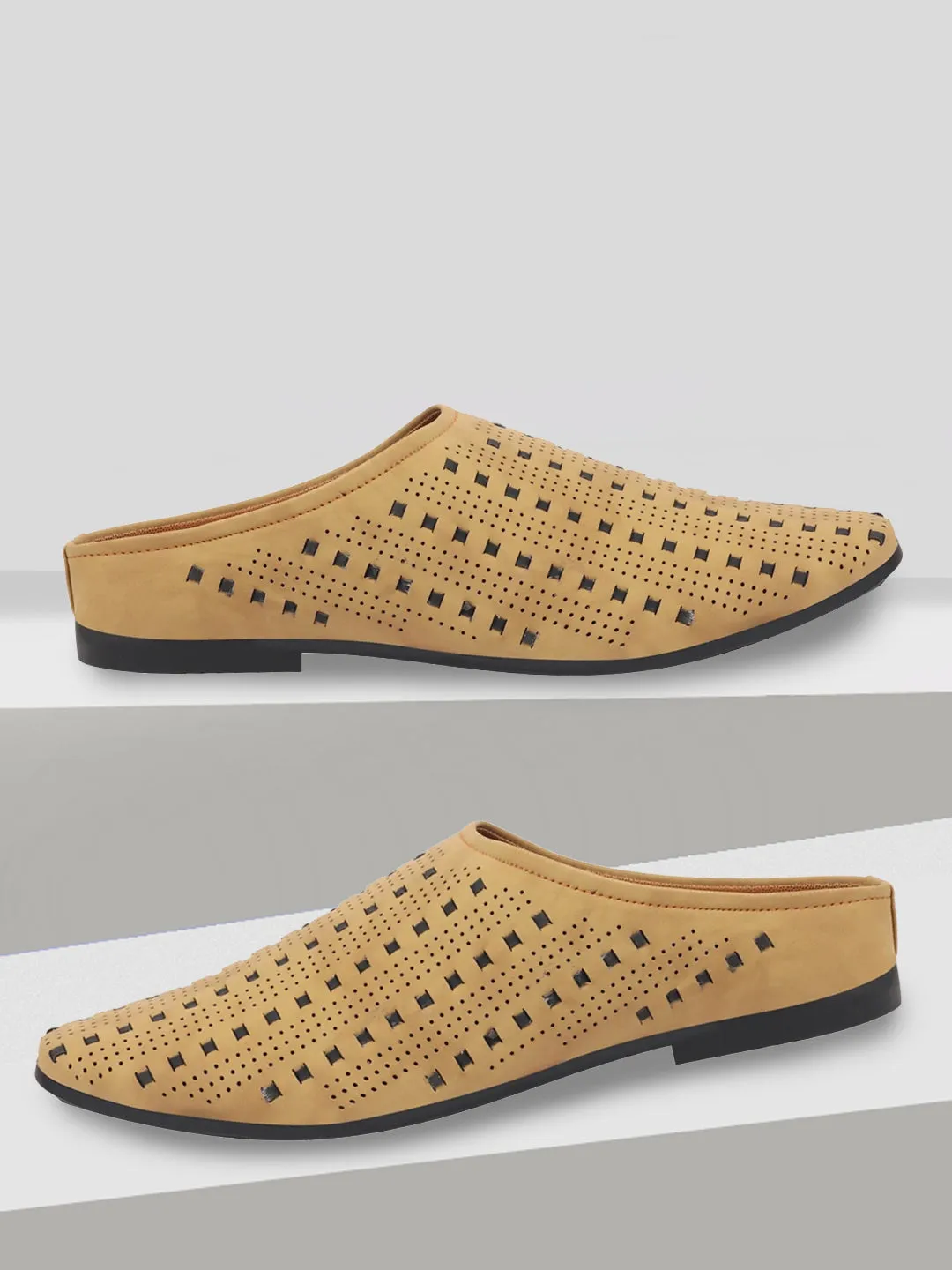 Men Tan Back Open Hand Knitted Ethnic Mules Wedding Shoes