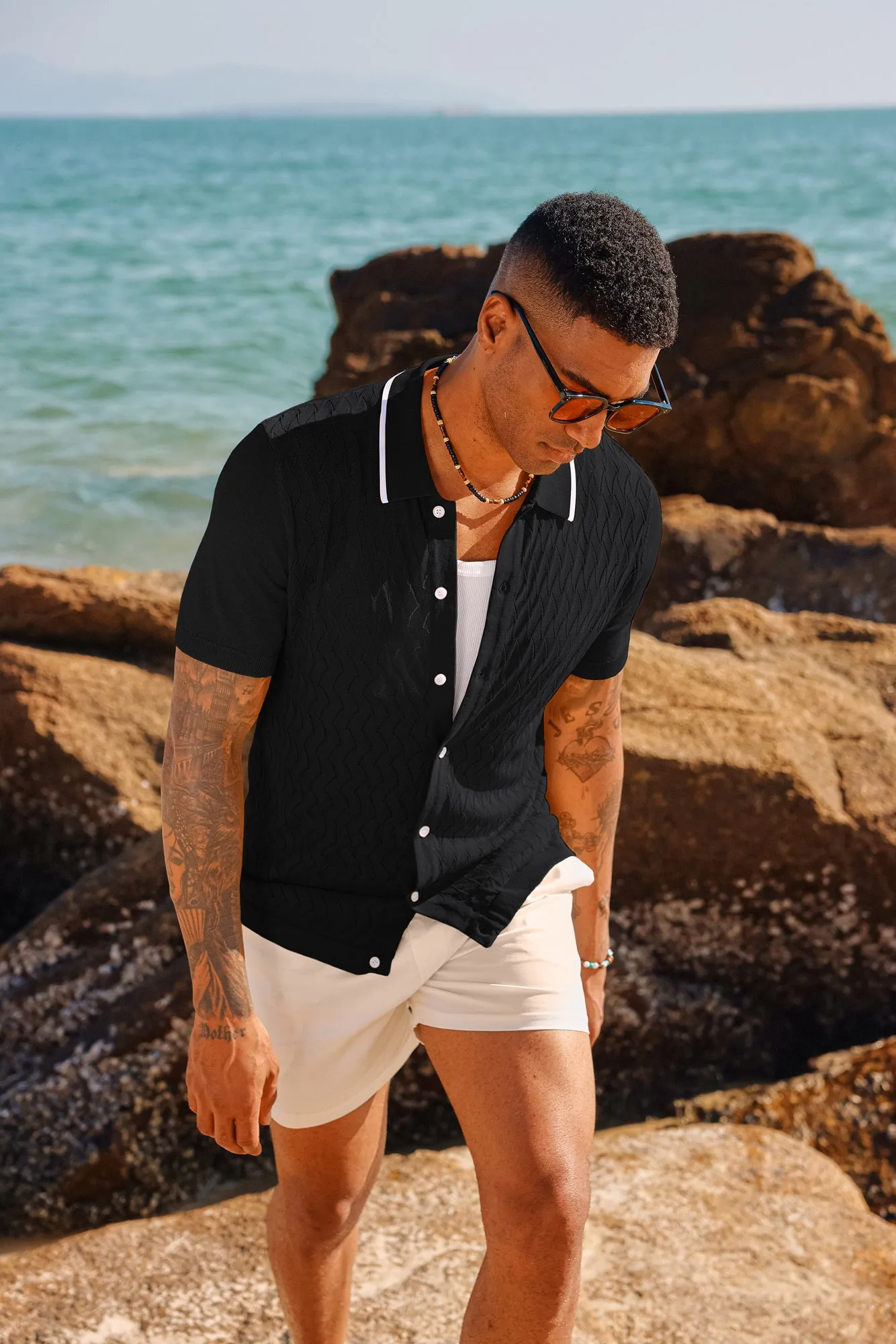 Men's Knit Button Down Short Cardigan Shirts Vintage Polo Shirts Casual Beach Shirts