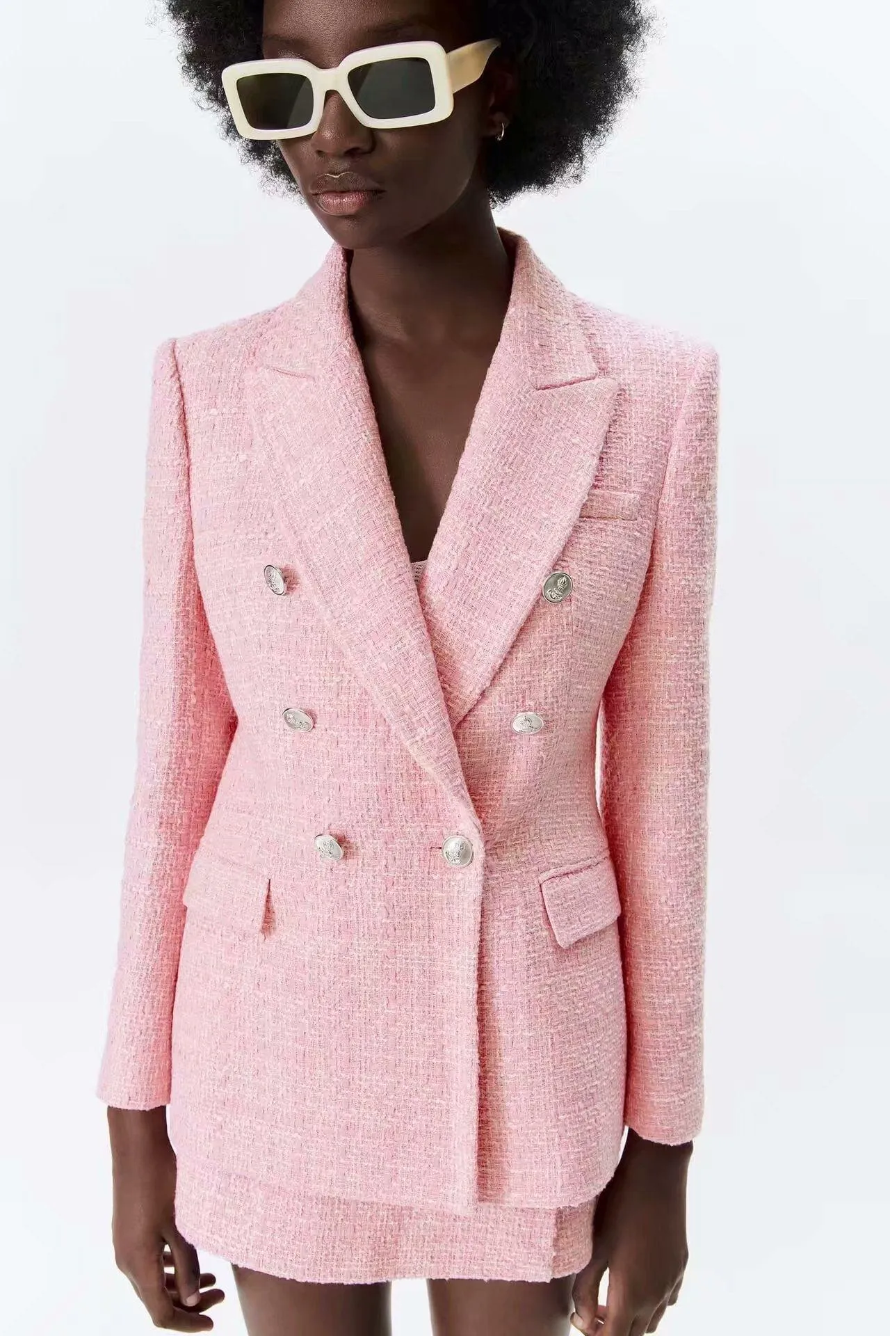 Pink Tweed Blazer Women - Formal-Business - Plain-Solid