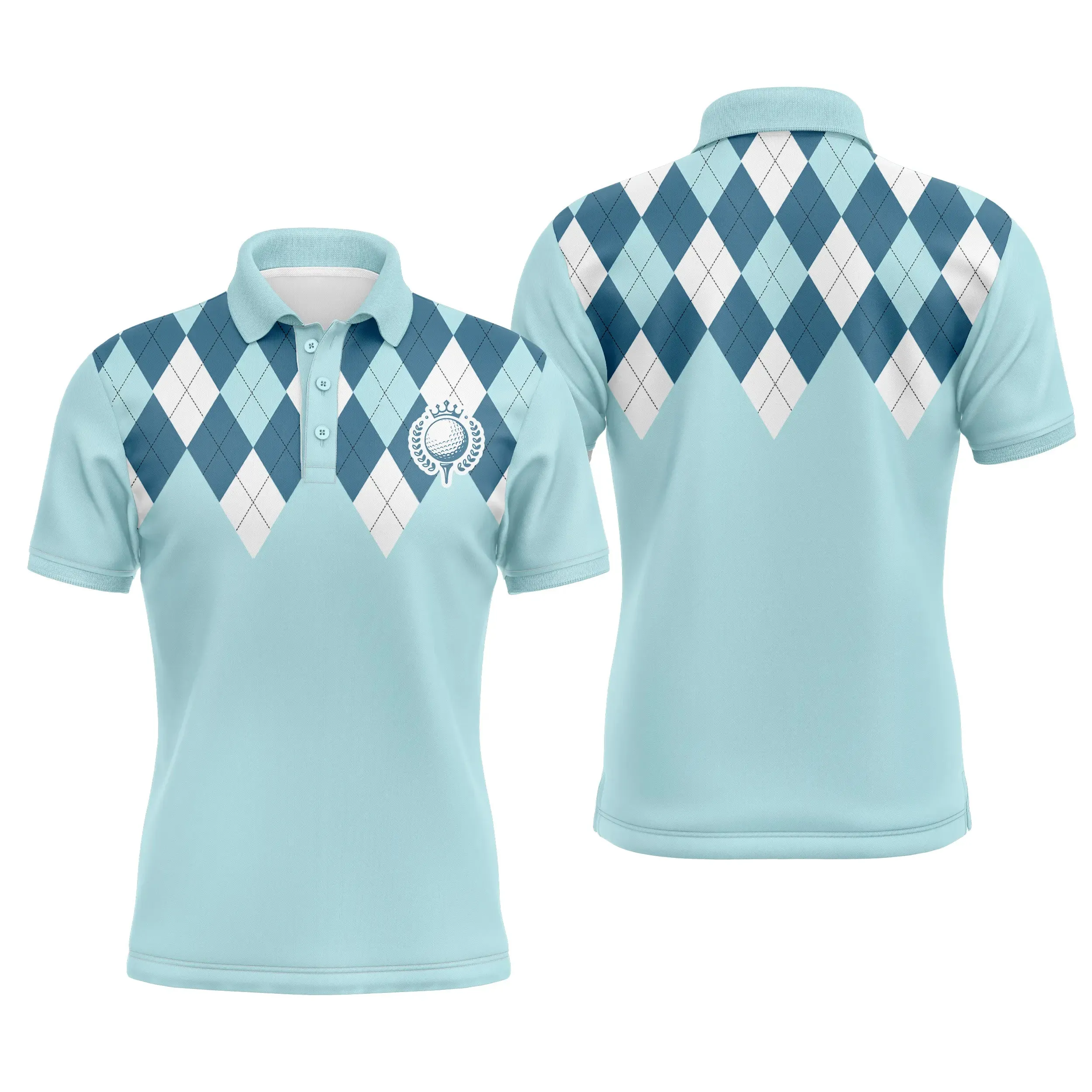 Polo de Golf, Polo de Sport Homme Femme, Golfeur, Golfeuse, Impression Carreaux Bleu Ciel - CTS120052232