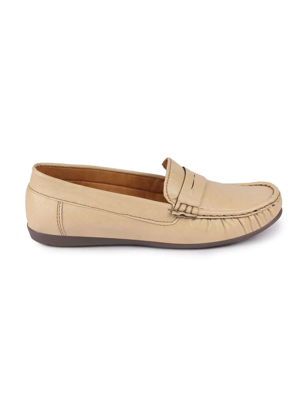 Women Cream Stitched Slip On Loafers