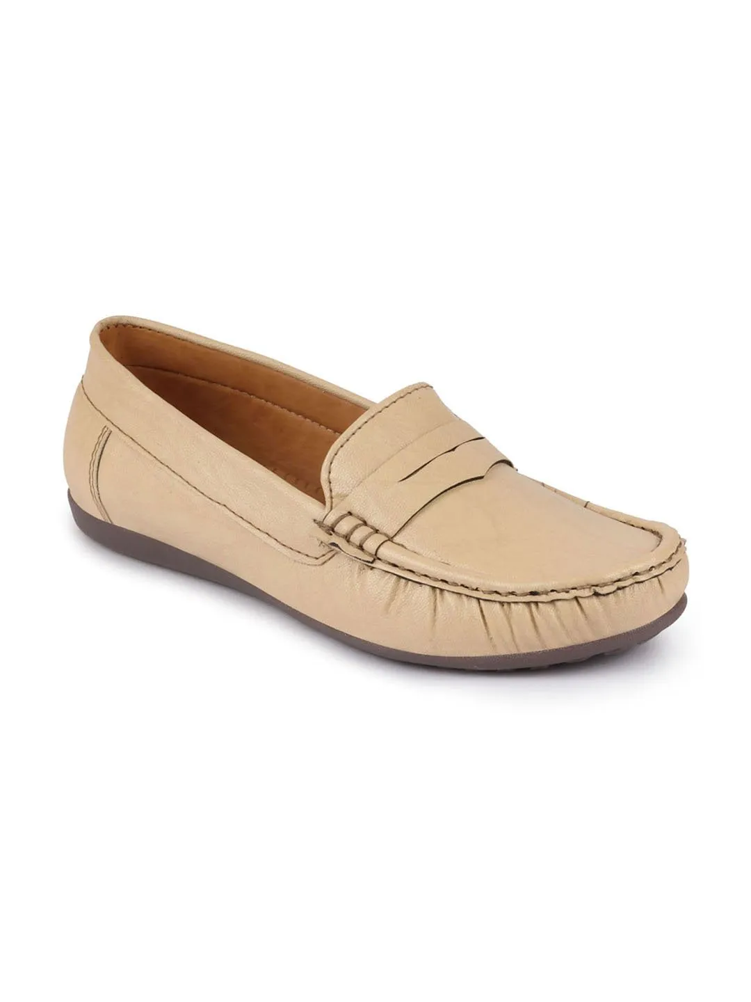 Women Cream Stitched Slip On Loafers