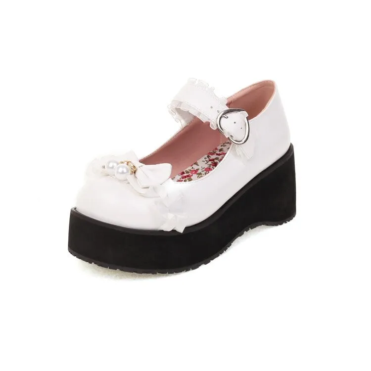 Women's Lolita Bow Tie Mary Janes Wedge Heel Platform Pumps