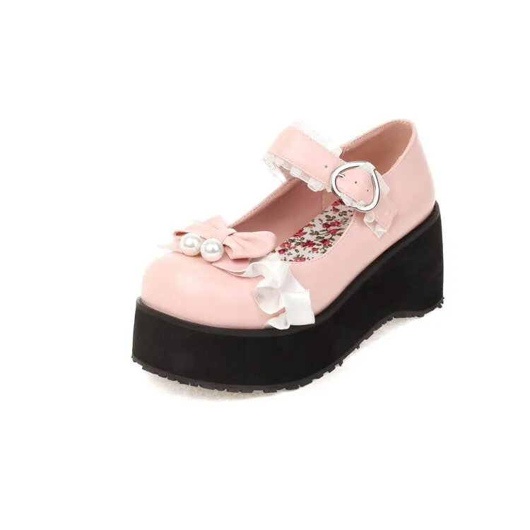 Women's Lolita Bow Tie Mary Janes Wedge Heel Platform Pumps