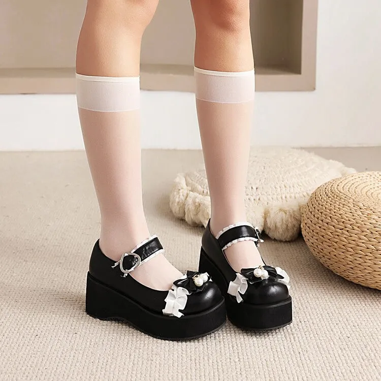 Women's Lolita Bow Tie Mary Janes Wedge Heel Platform Pumps