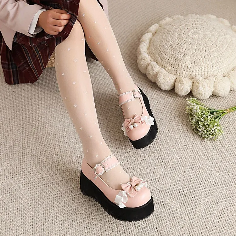 Women's Lolita Bow Tie Mary Janes Wedge Heel Platform Pumps