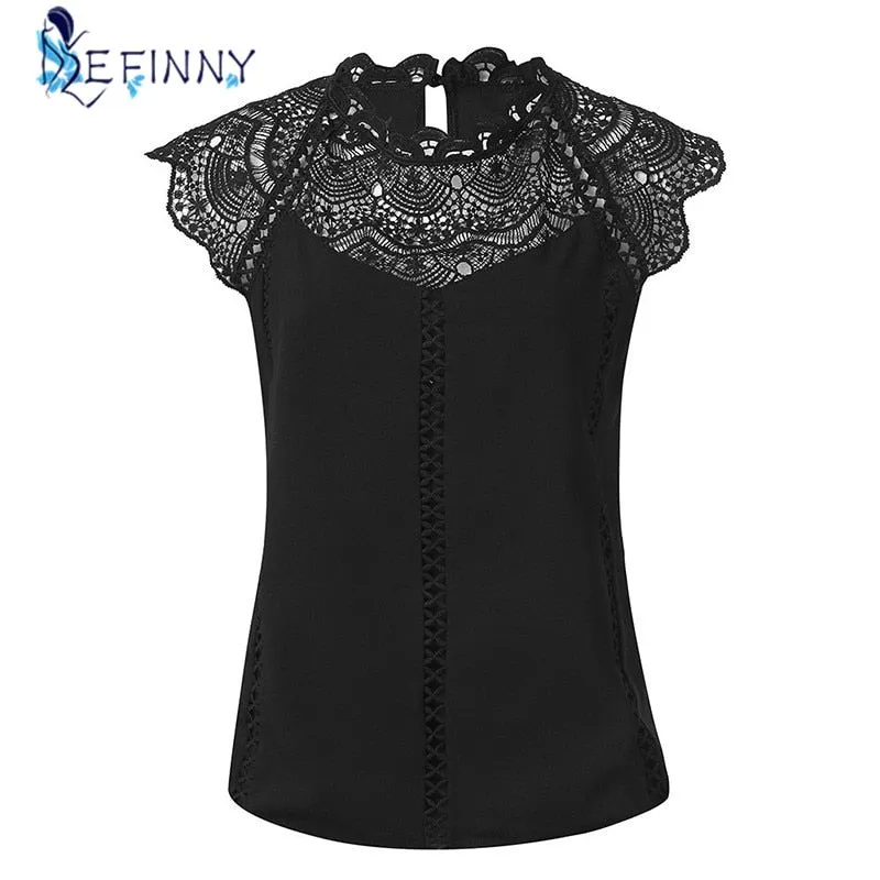 Women's Sleeveless Blouse Lace Patchwork Solid Shirt Black/White