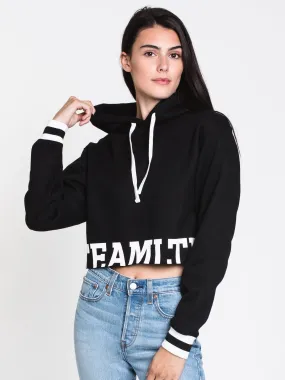 WOMENS VARSITY CROP HOODIE - BLACK - CLEARANCE