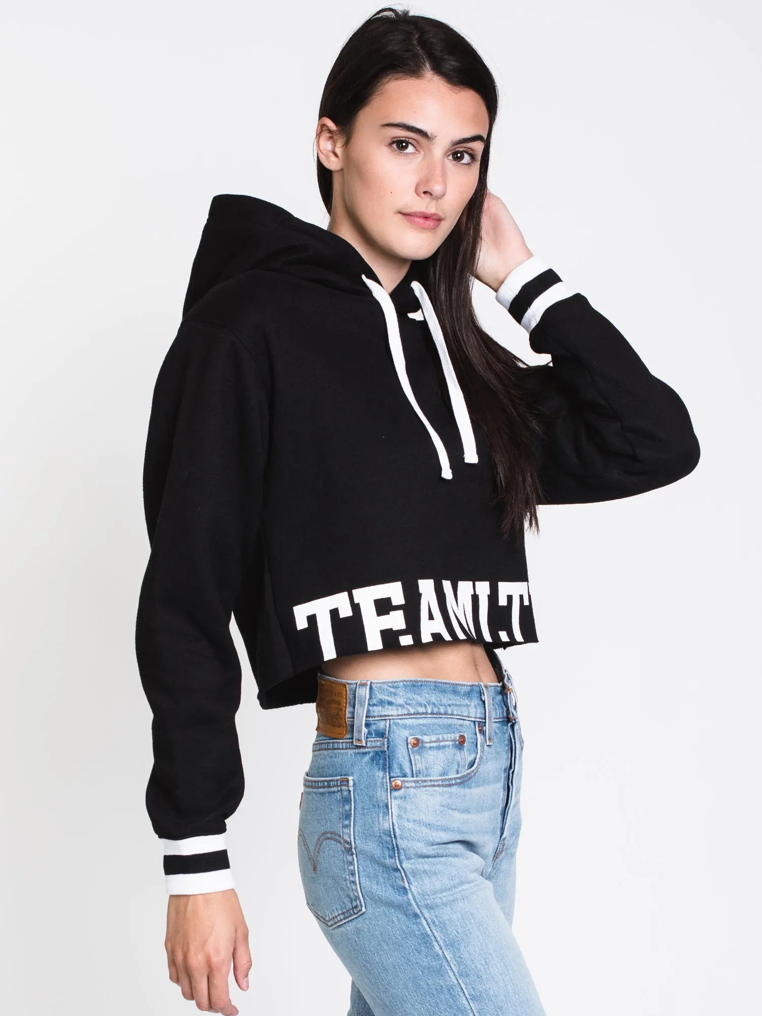 WOMENS VARSITY CROP HOODIE - BLACK - CLEARANCE