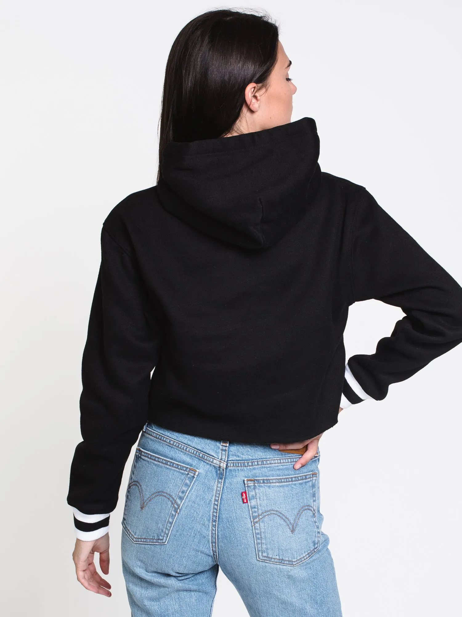 WOMENS VARSITY CROP HOODIE - BLACK - CLEARANCE